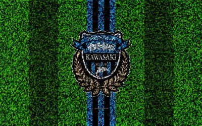 Kawasaki Frontale FC, 4k, logo, football lawn, japanese football club, black blue line, grass texture, J1 League, Kawasaki, Japan, football, J-League