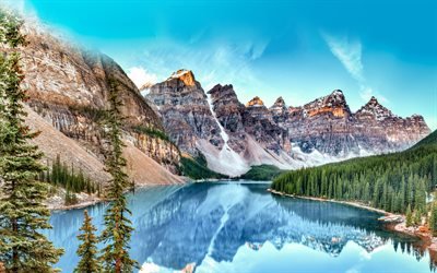 O Lago Moraine, ver&#227;o, Banff, HDR, montanhas, lagos, Alberta, O Parque Nacional De Banff, Canada