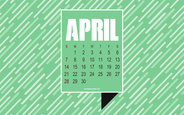 2019 April kalender, gr&#246;na kreativ bakgrund, 2019 kalendrar, v&#229;ren, kreativa kalendrar, kalender f&#246;r april 2019, typografi stil