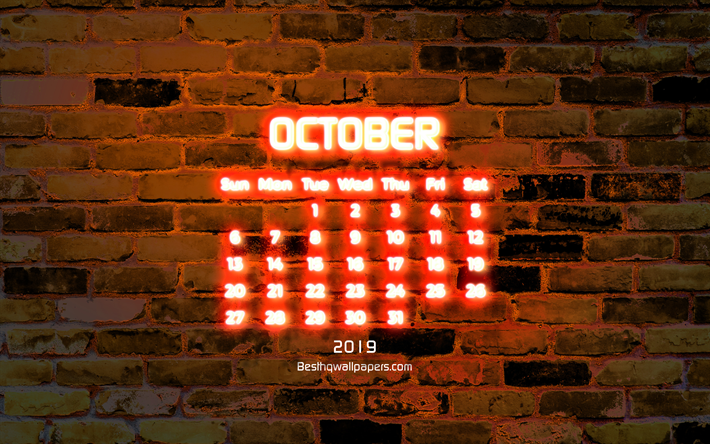 4k, oktober 2019 kalender, orange brick wall, 2019 kalender, neon-text, oktober 2019, abstrakte kunst, kalender-oktober 2019, kunstwerk
