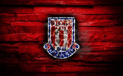 Stoke City FC, red wooden background, England, burning logo, Championship, english football club, grunge, Stoke City logo, football, soccer, wooden texture