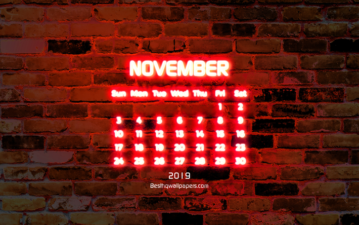 4k, Marraskuussa 2019 Kalenteri, punainen tiili sein&#228;n, 2019 kalenteri, syksy, neon teksti, Marraskuussa 2019, abstrakti taide, Kalenteri Marraskuu 2019, kuvitus, 2019 kalenterit