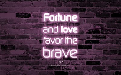 fortune and love favor the brave, 4k, violett mauer, ovid-zitate, beliebte zitate, neon-texte, inspiration, ovid, zitate &#252;ber gl&#252;ck