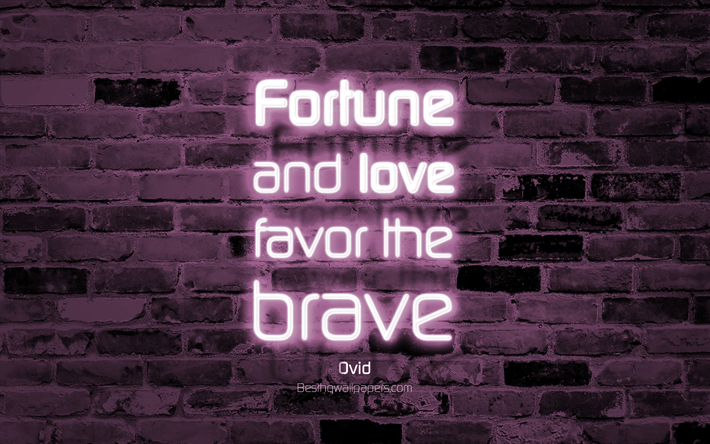 Fortune and love favor the brave, 4k, violet brick wall, Ovid Quotes, popular quotes, neon text, inspiration, Ovid, quotes about fortune