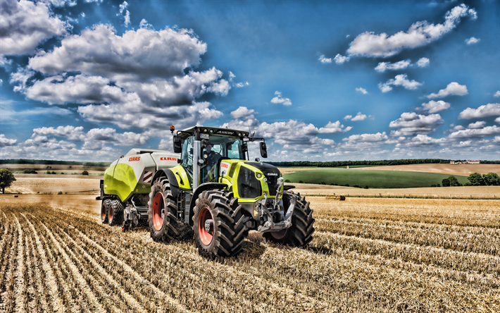4k, Claas Axion 870, HDR, harvesting hay, 2019 tractors, agricultural machinery, tractor in field, agriculture, harvest, Claas