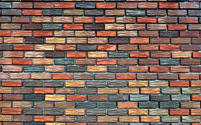 colorido brickwall, 4k, close-up, brown tijolos, tijolos texturas, colorido parede de tijolos, tijolos, parede