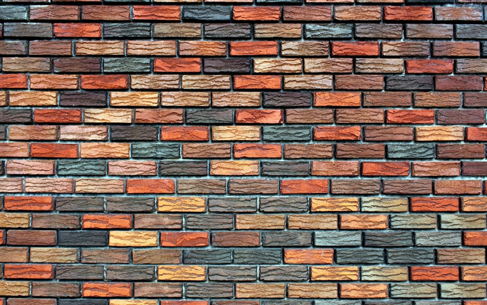 colorido brickwall, 4k, close-up, brown tijolos, tijolos texturas, colorido parede de tijolos, tijolos, parede