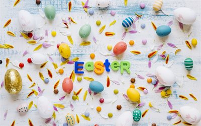 Pâques, la décoration, la lumière de Pâques arrière-plan, les différents oeufs de Pâques, en bois blanc, fond, printemps, décoré des oeufs de Pâques, Joyeuses Pâques
