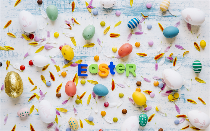 Easter, decoration, light Easter background, different Easter eggs, white wooden background, spring, decorated Easter eggs, Happy Easter
