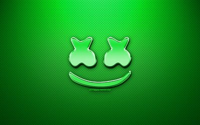 Marshmello green logo, fan art, american DJ, chrome logo, Christopher Comstock, Marshmello, green metal background, DJ Marshmello, DJs, Marshmello logo