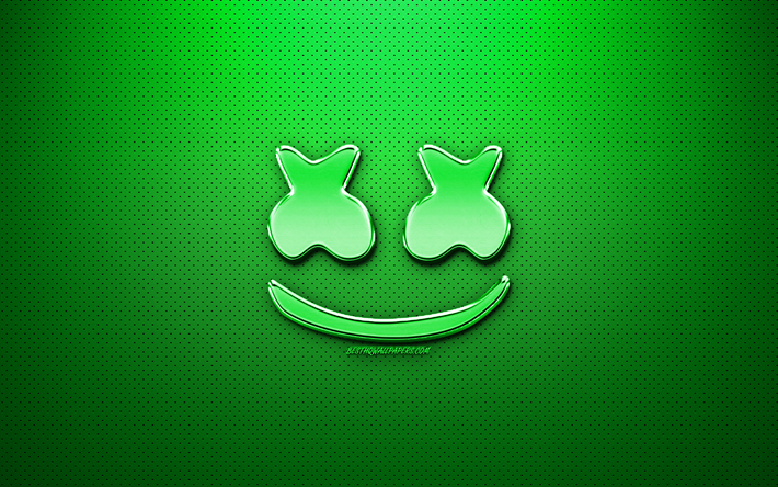 Marshmello yeşil logo, fan art, american DJ, krom logo, Christopher Comstock, Marshmello, yeşil metal arka plan, DJ Marshmello, DJ&#39;ler, Marshmello logosu