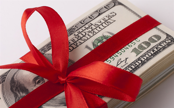 dollari americani con seta rossa, archi, pacco di dollari, il regalo, la confezione da 100 banconote da un dollaro, denaro, finanziare concetti, 100 dollari bundle