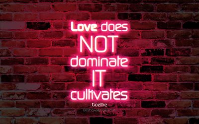 Love does not dominate It cultivates, 4k, purple brick wall, Johann Wolfgang von Goethe Quotes, popular quotes, neon text, inspiration, Johann Wolfgang von Goethe, quotes about love