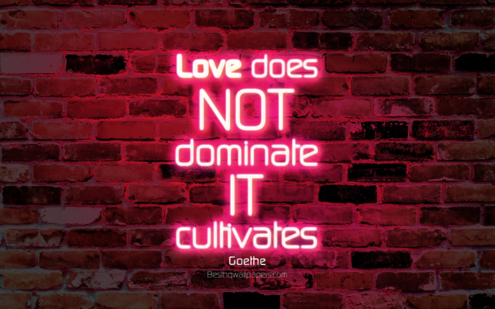 El amor no dominan Se cultiva, 4k, p&#250;rpura pared de ladrillo, Johann Wolfgang von Goethe Comillas, popular entre comillas, texto de ne&#243;n, de inspiraci&#243;n, de Johann Wolfgang von Goethe, citas sobre el amor