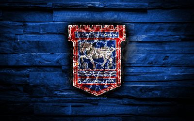Ipswich Town Millwall FC, mavi ahşap arka plan, İngiltere, yanan logo, Şampiyonluk, İngiliz Futbol Kul&#252;b&#252;, grunge, Ipswich Town, logo, futbol, ahşap doku
