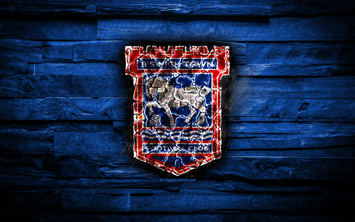 O Ipswich Town Fc FC, de madeira azul de fundo, Inglaterra, grava&#231;&#227;o de logotipo, Campeonato, clube de futebol ingl&#234;s, grunge, O Ipswich Town logotipo, futebol, textura de madeira