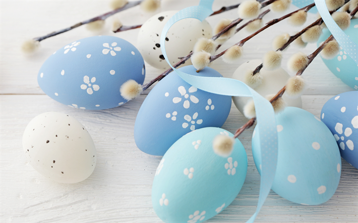 Blue Easter eggs, white wooden background, painted eggs, Easter concepts, spring, willow branches