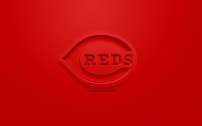 Reds de Cincinnati, American club de baseball, cr&#233;atrice du logo 3D, fond rouge, 3d embl&#232;me, MLB, Cincinnati, Ohio, etats-unis, de la Ligue Majeure de Baseball, art 3d, le baseball, le logo 3d
