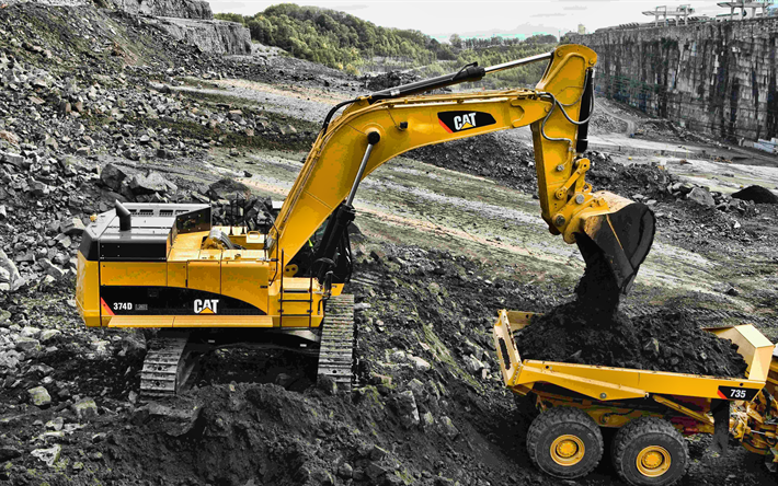 Cat 374D, 4k, Cat 735, excavator, quarry, construction equipment, trucks, HDR, excavator work, Caterpillar