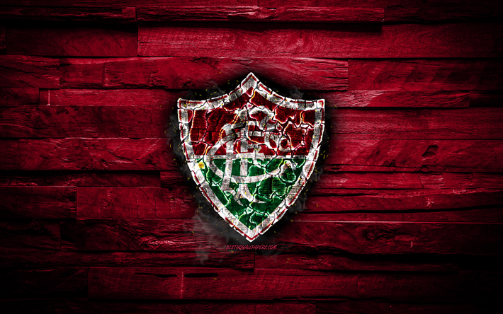 Fluminense FC, la quema de logotipo, Seria Una, p&#250;rpura fondo de madera de brasil, club de f&#250;tbol, el grunge, el Fluminense, el f&#250;tbol, el Fluminense logotipo, fuego textura, Brasil