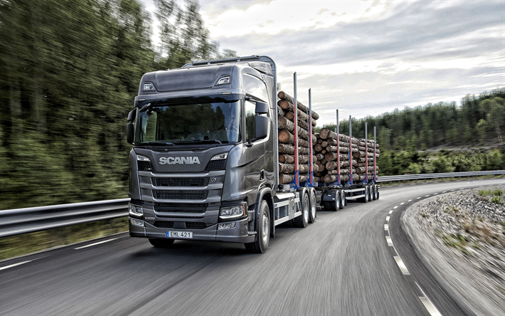 Scania R500, madeira transportadora, transporte de &#225;rvores conceitos, novo tom de cinza R500, transporte, entrega de conceitos, o desmatamento conceitos, Scania