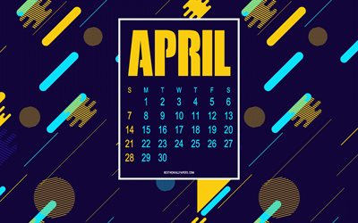 2019 april calendar, creative purple background, abstract april 2019 calendar, spring, april, 2019 concepts