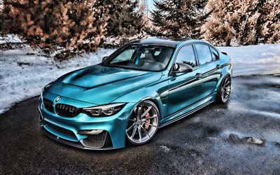 BMW M3, talvi, F80, tuning, HDR, blue m3, superautot, saksan autoja, sininen f80, BMW