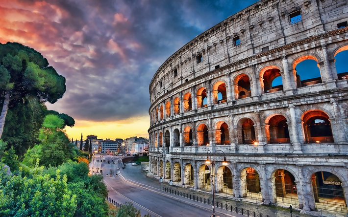 Colosseum, sunset, Rome landmarks, Europe, roads, Rome, Italy, italian landmarks, HDR
