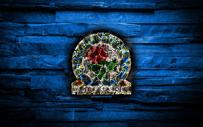 Blackburn Rovers FC, blue wooden background, England, burning logo, Championship, english football club, grunge, Blackburn Rovers logo, football, soccer, wooden texture
