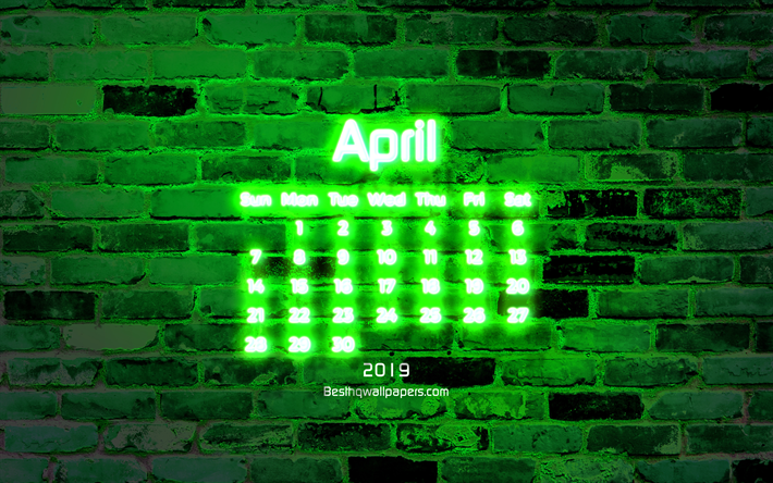 4k, 月2019年カレンダー, 緑色のレンガの壁, 2019年カレンダー, 春, ネオンテキスト, 月2019年, 抽象画美術館, カレンダー月2019年, 作品