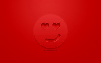 En el amor icono de la cara 3d icono, emociones, conceptos, amor 3d iconos, amor icono de la cara, 3d Sonriente, elevando el estado de &#225;nimo, 3d sonrisas, fondo rojo, creativo, arte 3d, emociones 3d iconos