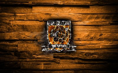 Hull City FC, orange wooden background, England, burning logo, Championship, english football club, grunge, Hull City logo, football, soccer, wooden texture