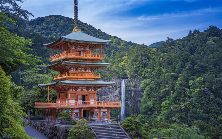 Nachi Falls, Japanese temple, mountain landscape, Japanese waterfall, Seigantoji, Nachikatsuura, Wakayama Prefecture, Japan