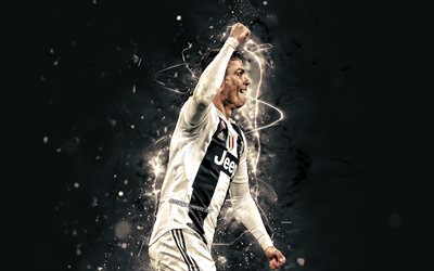 Cristiano Ronaldo, 2019, portuguese footballers, Juventus FC, close-up, Italy, CR7 Juve, goal, Bianconeri, football stars, soccer, Serie A, neon lights, CR7, abstract art