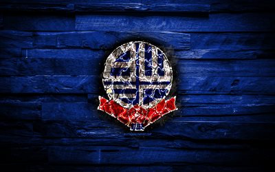 Bolton Wanderers FC, blue wooden background, England, burning logo, Championship, english football club, grunge, Bolton Wanderers logo, football, soccer, wooden texture
