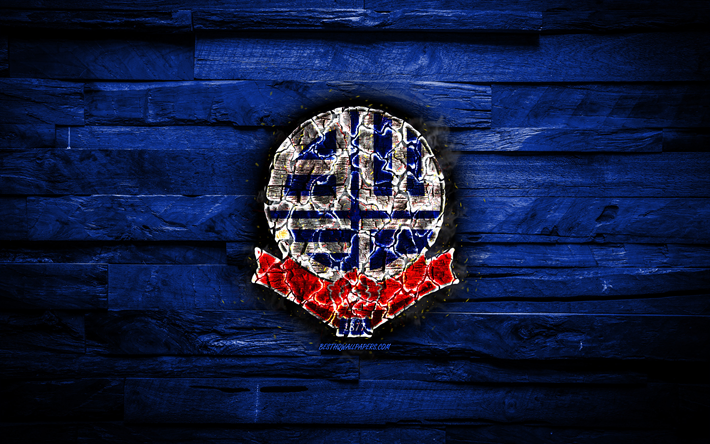 Bolton Wanderers FC, de madeira azul de fundo, Inglaterra, grava&#231;&#227;o de logotipo, Campeonato, clube de futebol ingl&#234;s, grunge, Bolton Wanderers logotipo, futebol, textura de madeira