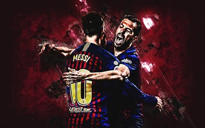 Lionel Messi, Jordi Alba, FC Barcelona, Katalonian football club, Liiga, kuuluisa jalkapallo pelaajia, johtajat, Katalonia, Espanja, jalkapallo, viininpunainen kivi tausta