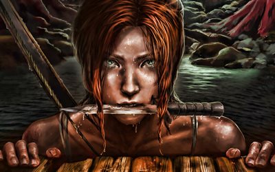 Lara Croft con el cuchillo, 4k, Tomb Raider, obras de arte, Acci&#243;n y aventura, Lara Croft