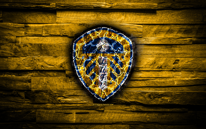 リーズユナイテッドFC, 黄色の木製の背景, イギリス, 燃焼ロゴ, 大会, 英語サッカークラブ, グランジ, リーズアロゴ, サッカー, 木肌