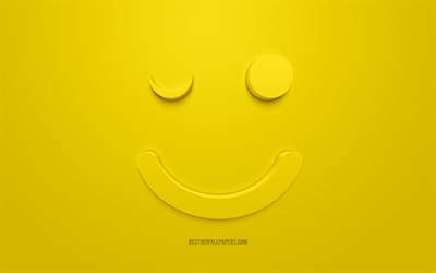 ウインクの感情アイコン, 友絵文字, 感情の概念, ウィンクは3dアイコン, 嬉しい顔アイコン, 3dウィンク, 調達の気分, 3d笑顔, 黄色の背景, 創作3dアート, 感情3dアイコン, 再顔絵文字