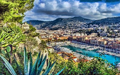 Nice, cityscapes, summer, HDR, France, Europe, bay, yacht pier
