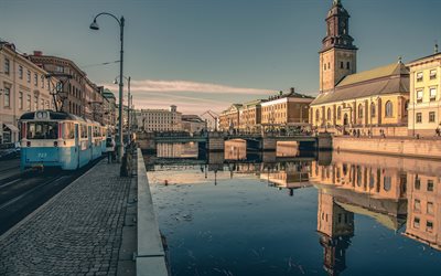 Gotemburgo, bela cidade sueca, p&#244;r do sol, rio, ponte, paisagem urbana, Su&#233;cia