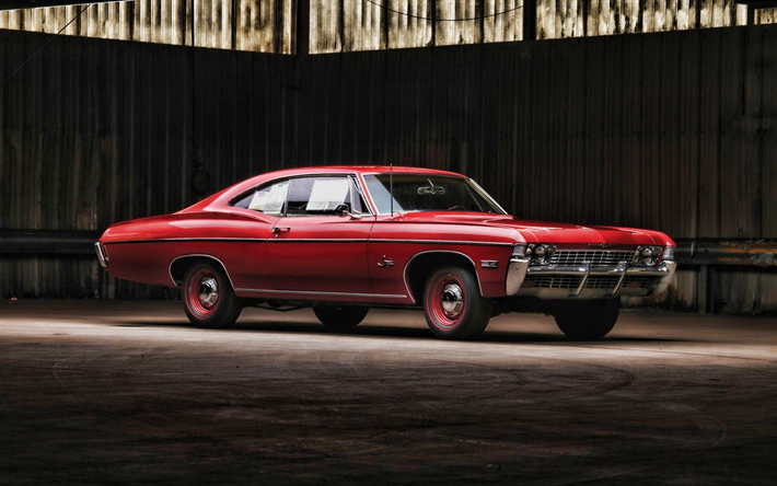 Chevrolet Impala, garaj, 1968 arabalar, eski arabalar, kırmızı Impala, Amerikan otomobil, Chevrolet, 1968 Chevrolet Impala