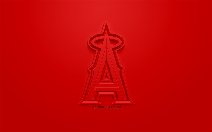 ロサンゼルス天使, アメリカ野球クラブ, 創作3Dロゴ, 赤の背景, 3dエンブレム, MLB, アナハイム, カリフォルニア, 米国, メジャーリーグベースボール, 3dアート, 野球, 3dロゴ