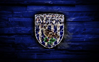 West Bromwich Albion FC, blue wooden background, England, burning logo, Championship, english football club, grunge, West Bromwich Albion logo, football, soccer, wooden texture