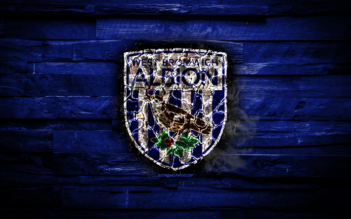West Bromwich Albion FC, sininen puinen tausta, Englanti, polttava logo, Mestaruus, englannin football club, grunge, West Bromwich Albion-logo, jalkapallo, puinen rakenne