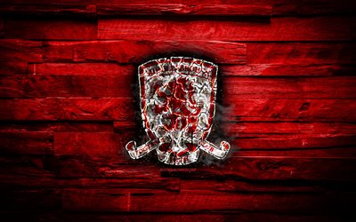 Middlesbrough FC, red wooden background, England, burning logo, Championship, english football club, grunge, Middlesbrough logo, football, soccer, wooden texture