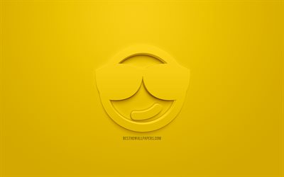 Cara con gafas de icono, petulantes icono de la cara, emociones, conceptos, sonrisa 3d iconos, feliz icono de la cara, 3d Sonriente, elevando el estado de &#225;nimo, 3d sonrisas, fondo amarillo, creativo, arte 3d, emociones 3d iconos, Petulantes Cara