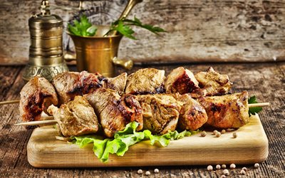 two kebabs, fast food, delicious food, grilled meat, kebab with lettuce, barbecue, kebab