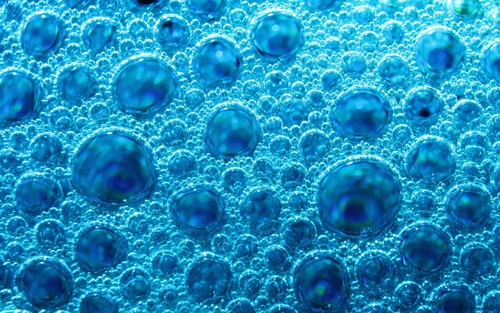 el agua burbujas de textura, macro, las burbujas en el agua, las texturas del agua, el agua azul de fondo